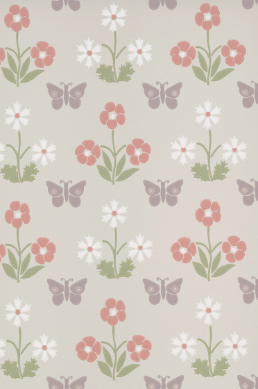 Swatch of the light grey butterfly and flower print wallpaper 'Burges Butterfly - French Grey'.