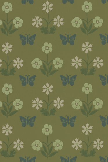 Swatch of the deep green butterfly and flower print wallpaper 'Burges Butterfly - Garden'.