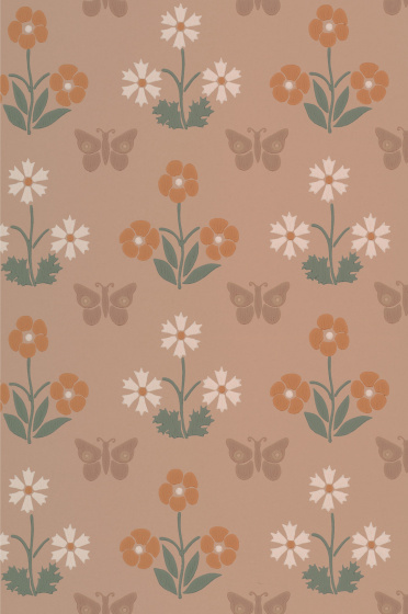 Swatch of the neutral pink butterfly and flower print wallpaper 'Burges Butterfly - Masquerade'.