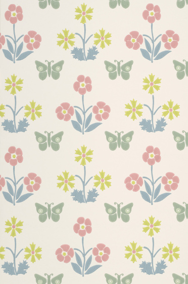 Swatch of the off white butterfly and flower print wallpaper 'Burges Butterfly - Slaked Lime'.