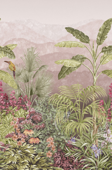 Swatch of the muted pink tropical mural print wallpaper 'Capricorn - Blush'.