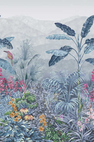 Swatch of the muted blue tropical mural print wallpaper 'Capricorn - Etruria'.