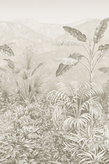 Swatch of the neutral tropical mural print wallpaper 'Capricorn - Portland Stone'.