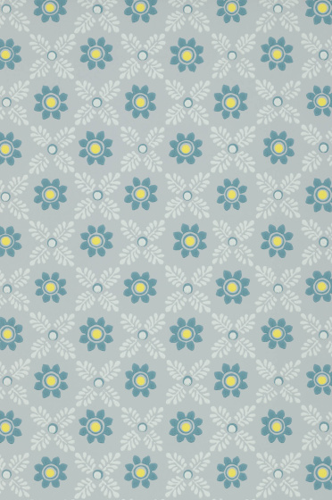Swatch of the blue-grey floral wallpaper 'Ditsy Block - Bone China Blue'.