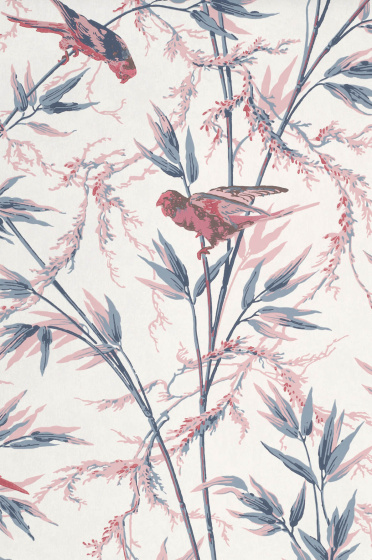 Swatch of the pink and grey floral and bird print wallpaper 'Great Ormond Street - Carmine'.
