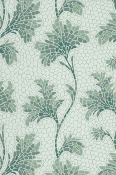 Swatch of the tiled mosaic- style wallpaper in graduated green colourway 'Mosaic Trail - Aquamarine'.