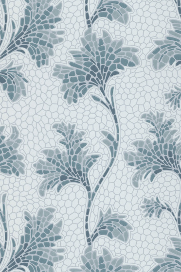 Swatch of the tiled mosaic- style wallpaper in graduated muted blue colourway 'Mosaic Trail - Etruria'.