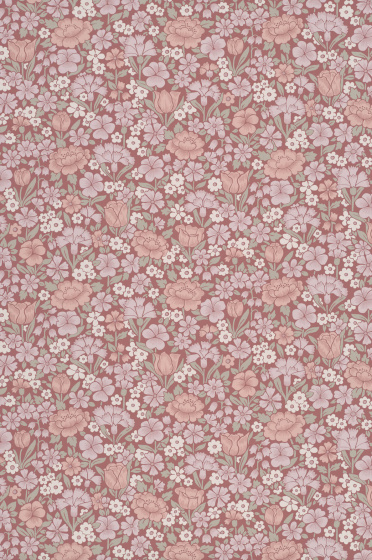 Swatch of the small print ditsy floral wallpaper in muted pink shade 'Spring Flowers - Blush'.