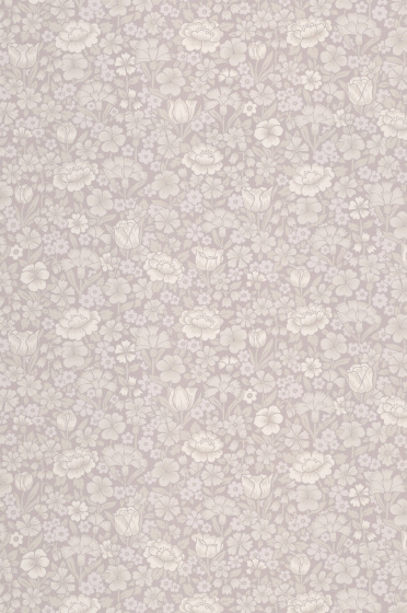 Swatch of the small print ditsy floral wallpaper in light grey shade 'Spring Flowers - French  Grey'.