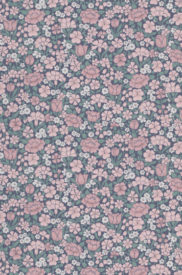 Swatch of the small print ditsy floral wallpaper in warm blue shade 'Spring Flowers - Juniper'.