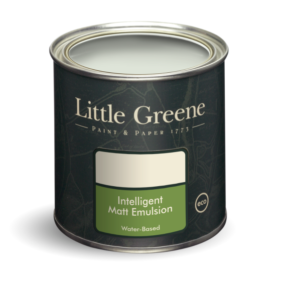 A Little Greene tin of paint in the pale green shade 'Pearl Colour - Mid'.