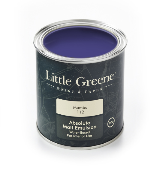 A Little Greene tin of paint in the blue purple shade 'Mambo'.