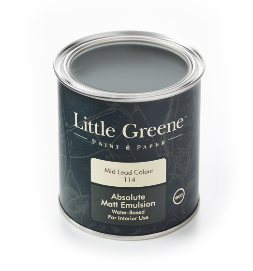 A Little Greene tin of paint in the warm grey shade 'Mid Lead Colour'.
