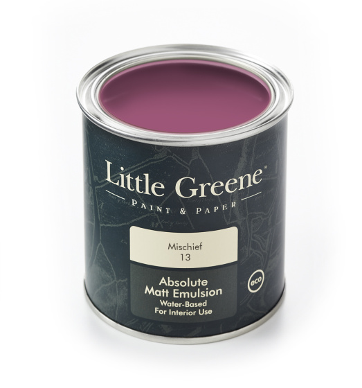 A Little Greene tin of paint in the rich pink shade 'Mischief'.