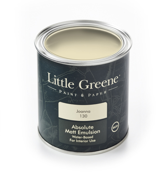 A Little Greene tin of paint in the neutral beige shade 'Joanna'.