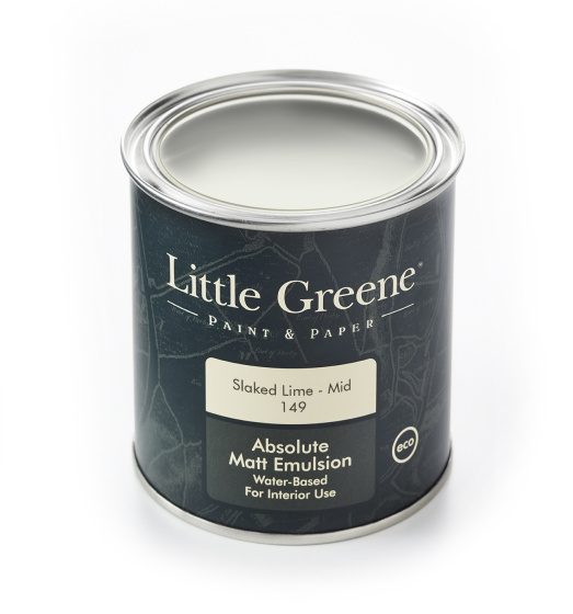 A Little Greene tin of paint in the off white shade 'Slaked Lime - Mid'.