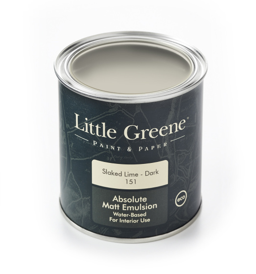 A Little Greene tin of paint in the neutral shade 'Slaked Lime - Dark'.