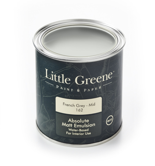 A Little Greene tin of paint in the light grey shade 'French Grey - Mid'.