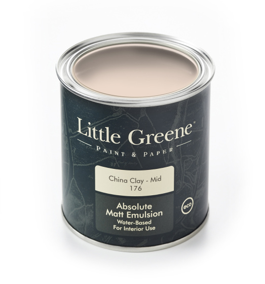 A Little Greene tin of paint in the rose pink shade, ‘China Clay - Mid'.