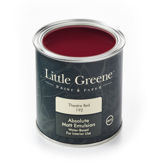 A Little Greene tin of paint in the dark red burgundy shade 'Theatre Red'.