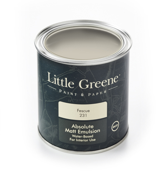 A Little Greene tin of paint in the off white grey shade 'Fescue'.