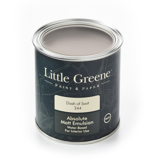 A Little Greene tin of paint in the rose grey shade 'Dash of Soot'.