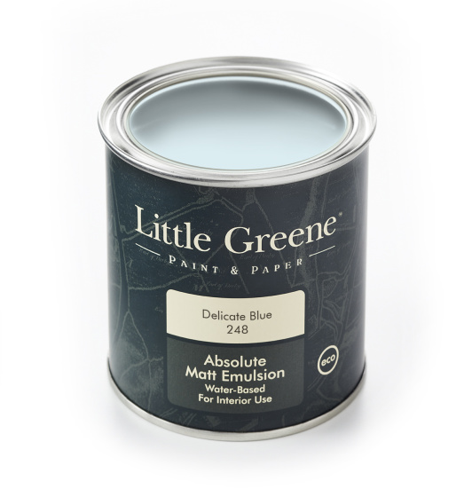 A Little Greene tin of paint in the duck egg shade 'Delicate Blue'.