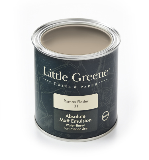 A Little Greene tin of paint in the beige shade 'Roman Plaster'.