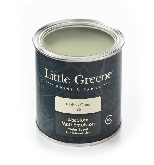 A Little Greene tin of paint in the pale green shade 'Kitchen Green'.
