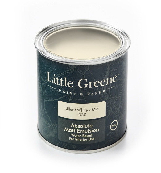 A Little Greene tin of paint in the warm beige shade 'Silent White - Mid'.